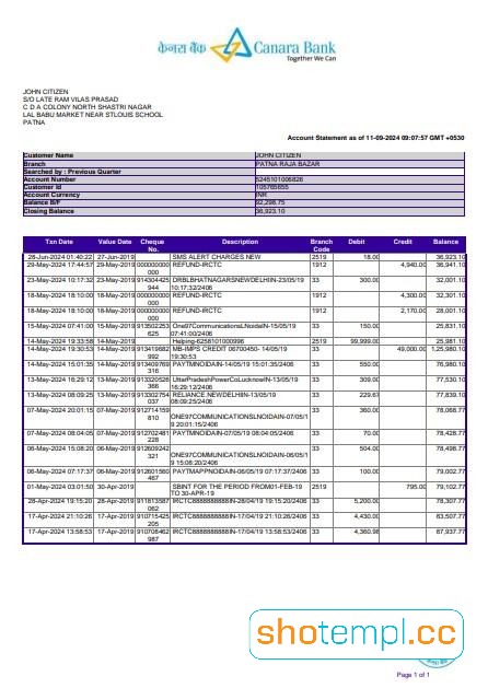 Canara Bank Statement PDF Template